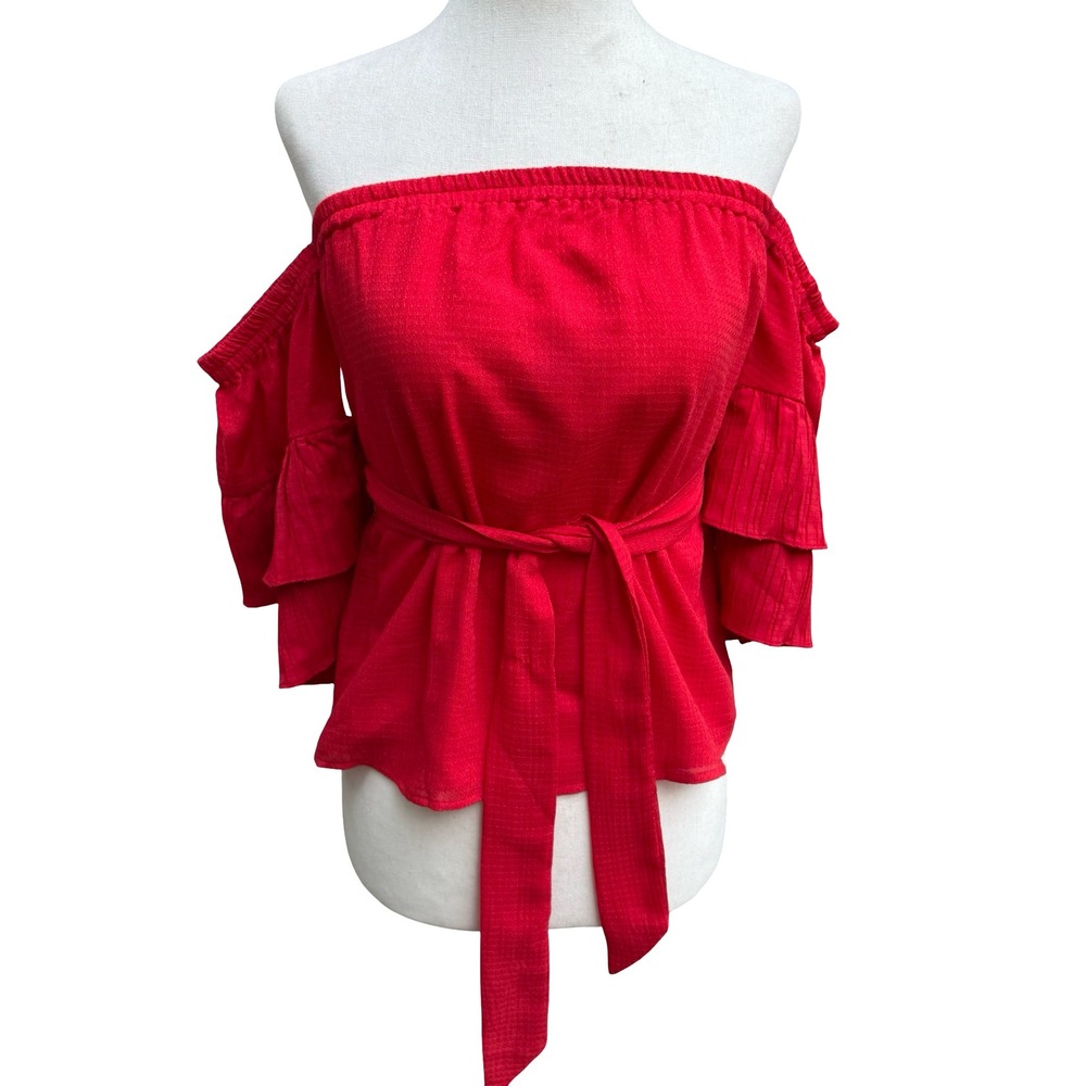 Suboo Romantic Boho Feminine Off Shoulder Ruffle Sleeve Peplum Tiered Top Red XS